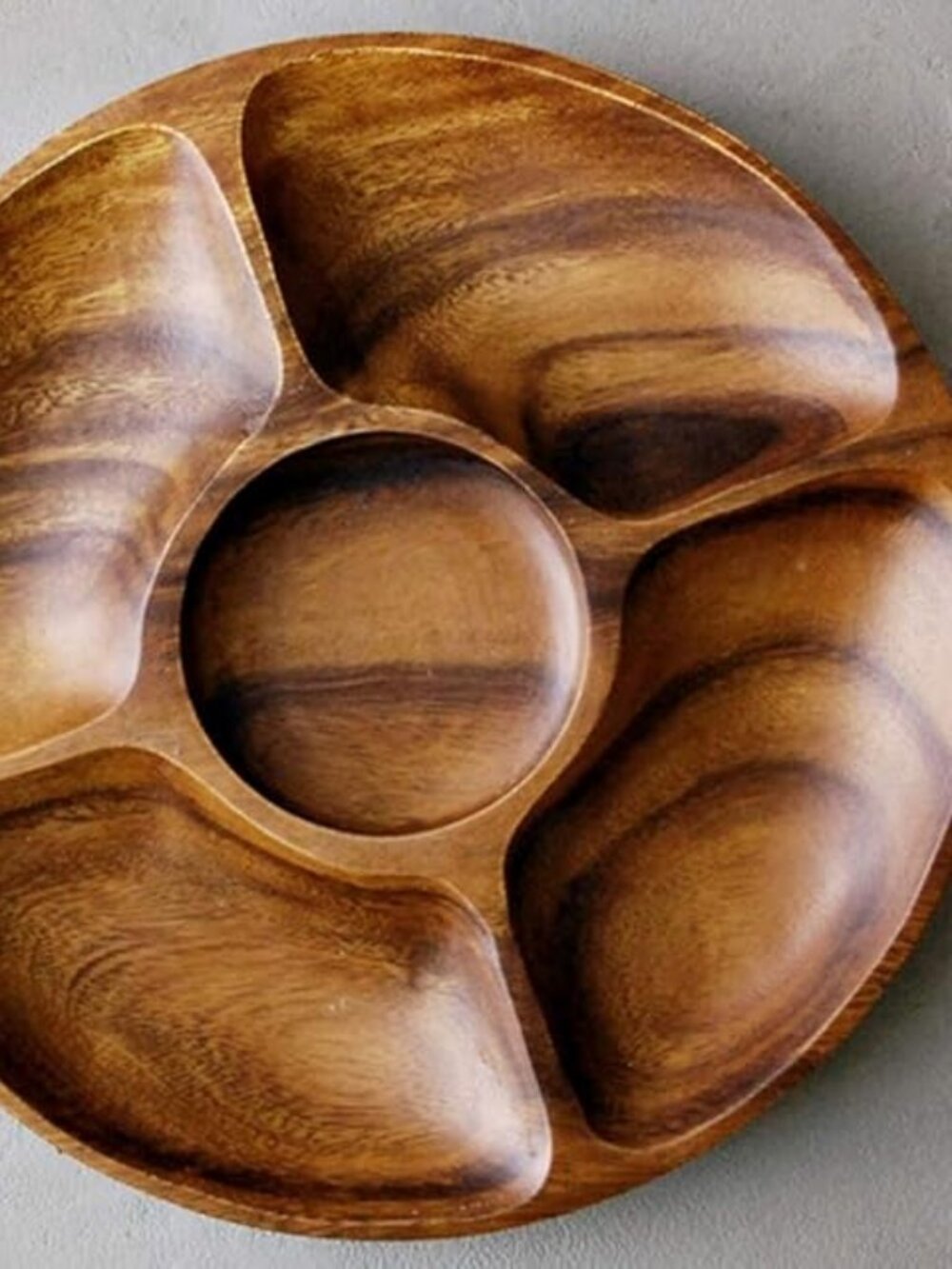 12 Inch Acacia Wood Divided Compartment Round Serving Tray Dish